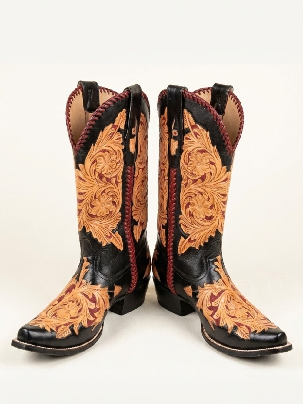 Men’s 9.5D Heritage Boots Black & Tan Tooled Triad Western Cowboy Boots, EVC